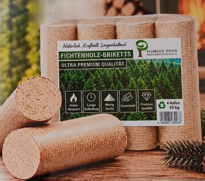 Fichtenbriketts von Penn Naturbrennstoffe Hofkirchen Fichtenbriketts von Penn Naturbrennstoffe Hofkirchen - längere Brenndauer als Brennholz